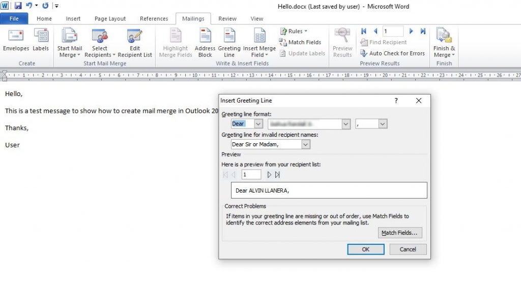 Add greeting line in mail merge 2010